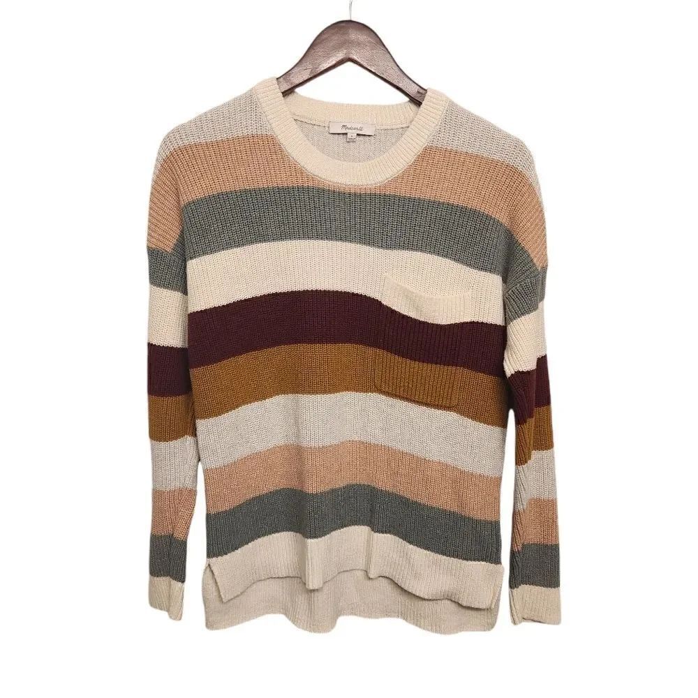 Madewell Thompson Pocket Pullover Ribbed Knit Sweater Neutral Stripe Small